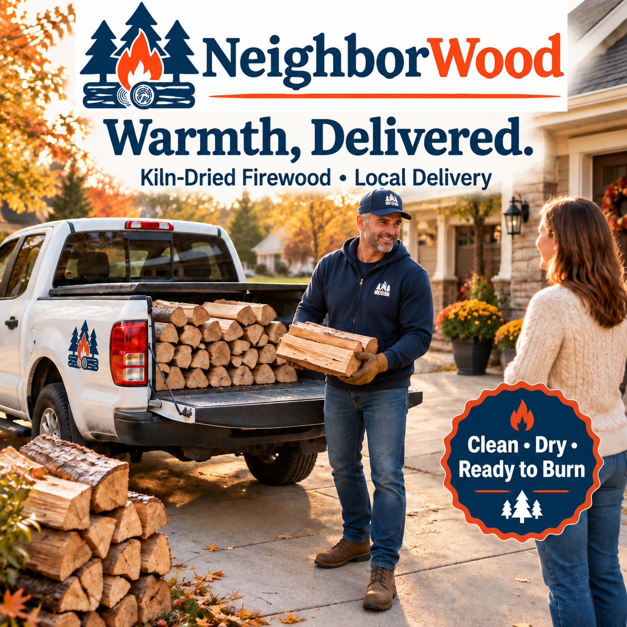 NeighborWood — Warmth, Delivered. A local firewood delivery beside a wood-filled pickup truck