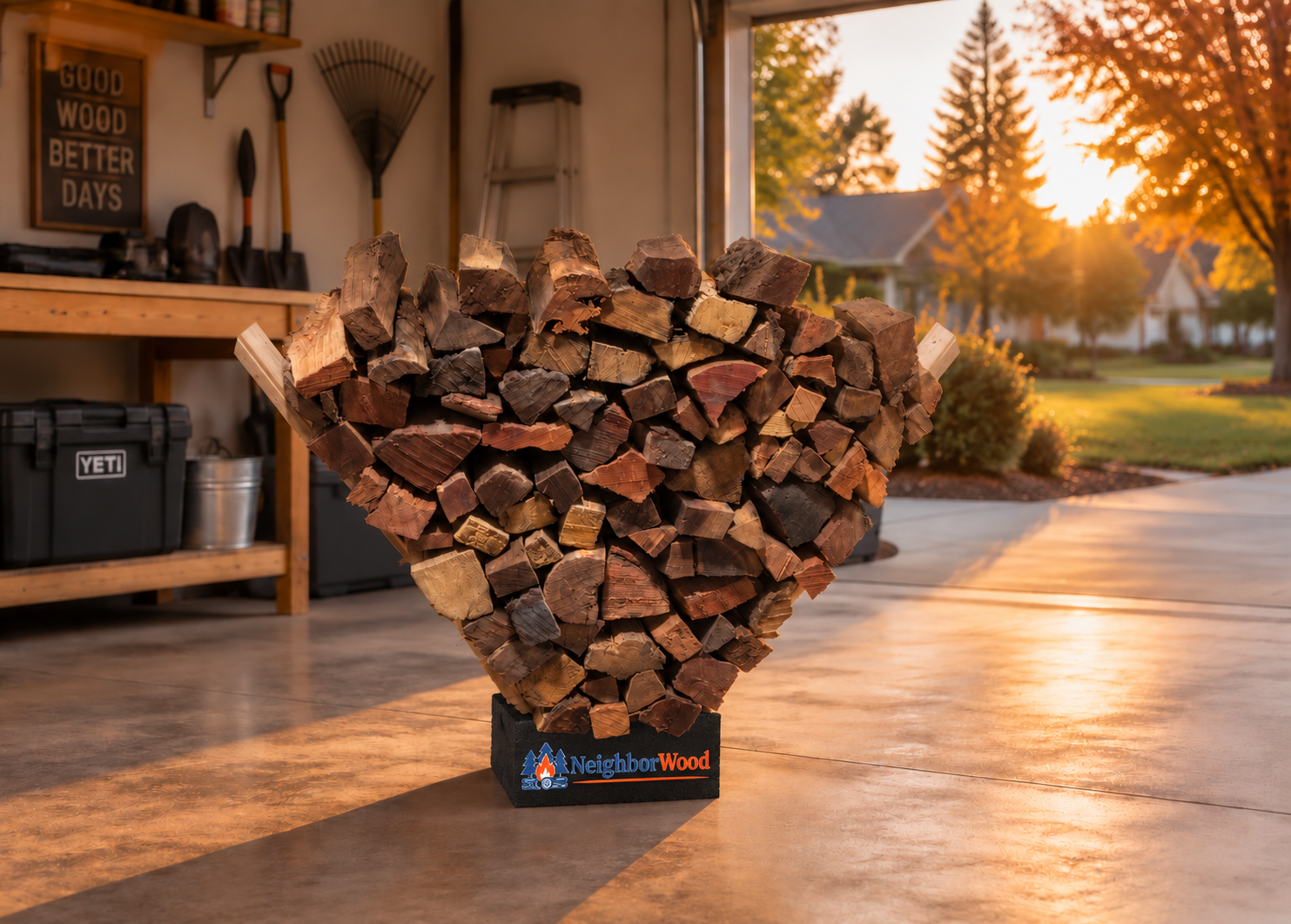 The V-shaped Neighborwood Rack stacked with kiln-dried firewood in a garage